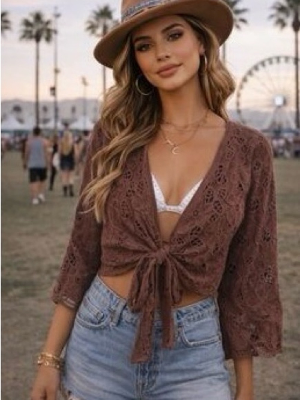 House of Harlow Lace Tie-Front Crop Top